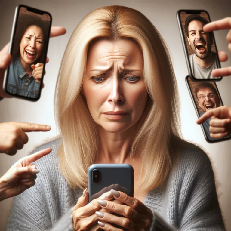 DALL·E 2025-01-31 12.33.07 - A blonde woman in her early fifties looks distressed while staring at her phone