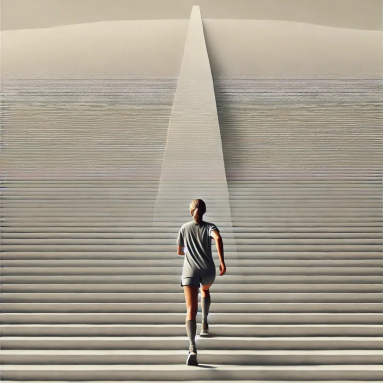 DALL·E 2025-01-31 13.05.44 - A realistic image of a woman in her forties, seen from behind, wearing sportswear as she climbs a massive, wide staircase step by step
