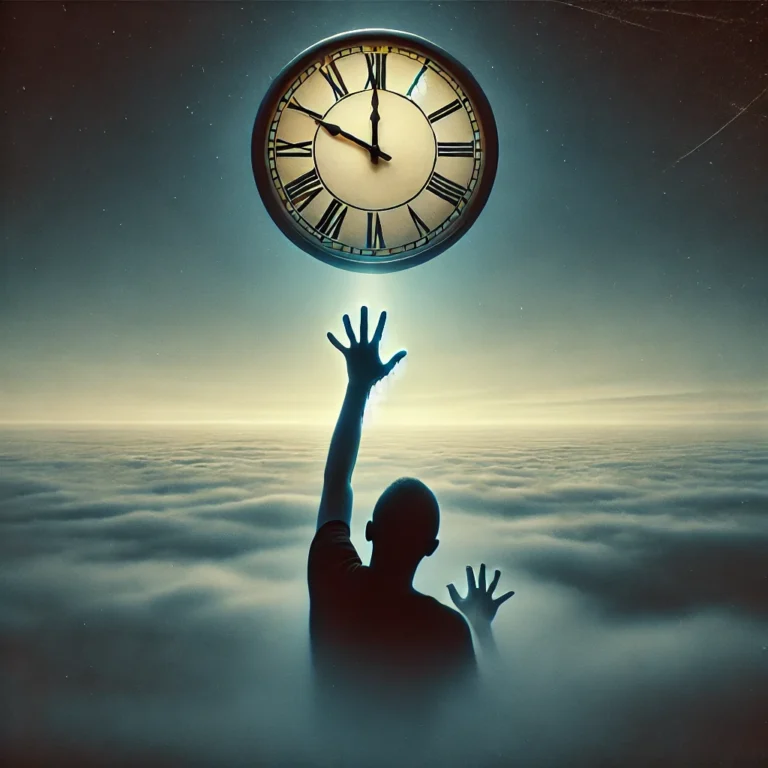 DALL·E 2025-01-31 14.21.01 - A silhouette reaching out towards a distant clock suspended high in the sky, but unable to touch it