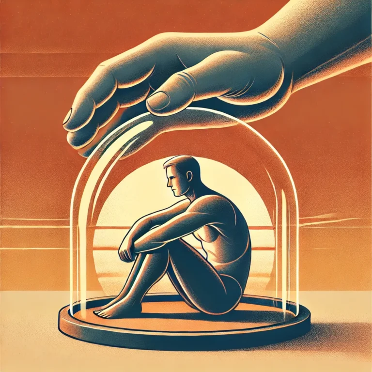 DALL·E 2025-02-09 16.36.49 - A stylized illustration depicting an adult figure trapped inside a glass dome, with parental hands gently but firmly holding it closed