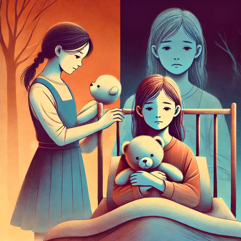 DALL·E 2025-02-09 17.00.28 - A stylized illustration of a young girl tucking her mother into bed, gently placing a blanket over her, while the mother clings to a stuffed animal