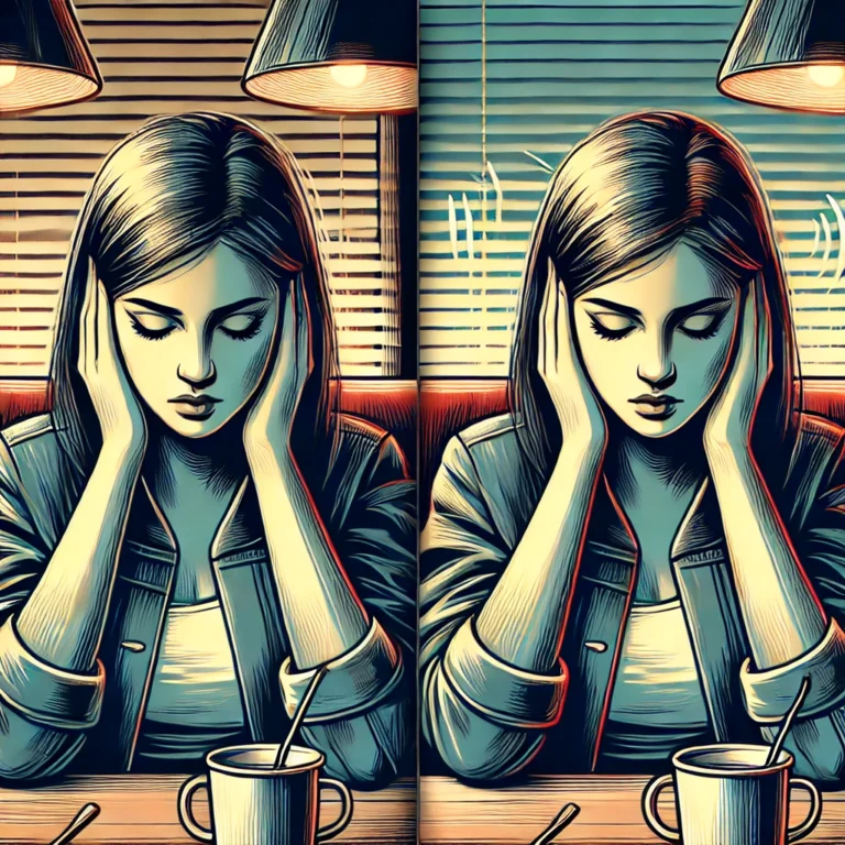 DALL·E 2025-02-09 17.13.32 - A stylized illustration of a young woman sitting at a café, visibly overwhelmed by the surrounding noises and lights