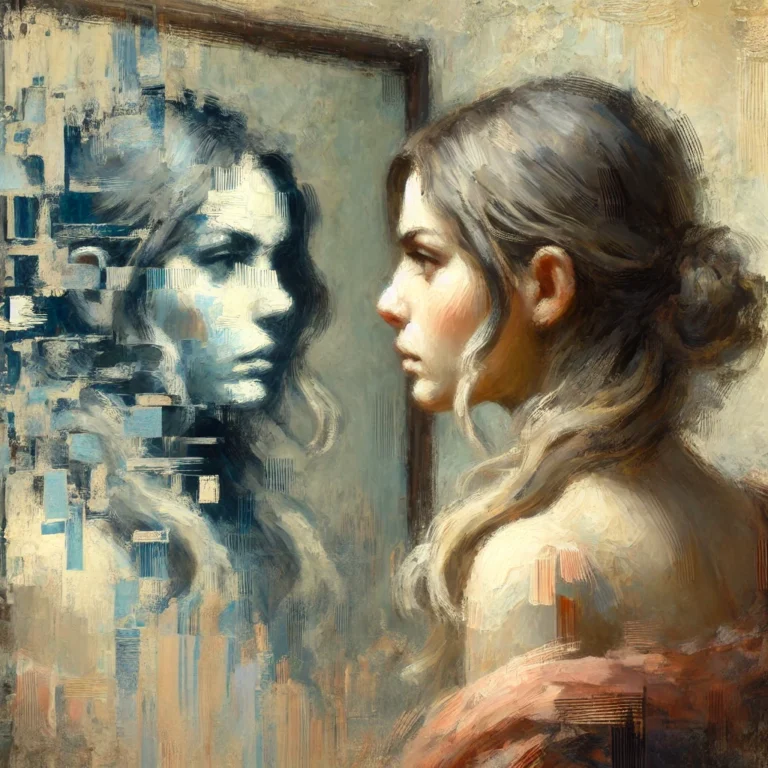 DALL·E 2025-02-14 15.37.29 - A single, unified artistic representation of struggling with self-legitimacy, featuring a slightly feminine character