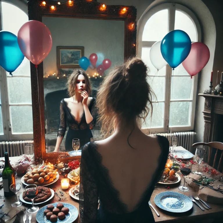 DALL·E 2025-03-13 18.34.34 - Une femme debout face à un grand miroir dans une pièce décorée pour une fête